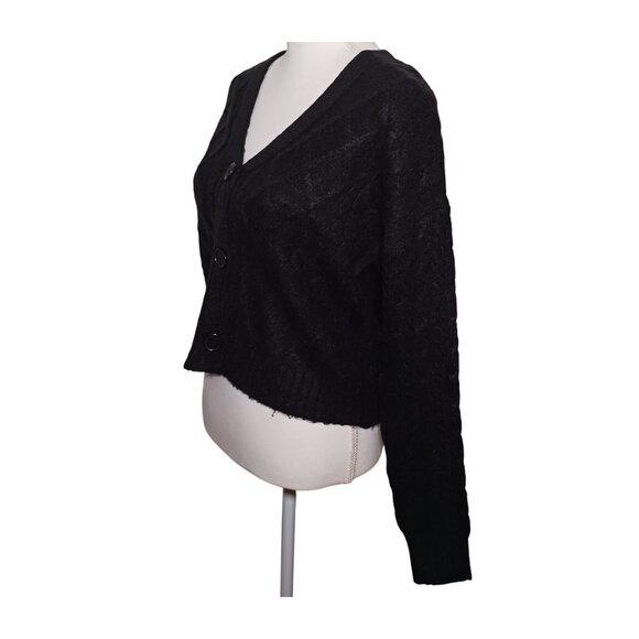 NEW No Comment Black V-Neck‎ Cable Knit 3 Button Cardigan Sweater Size  L - Picture 2 of 9
